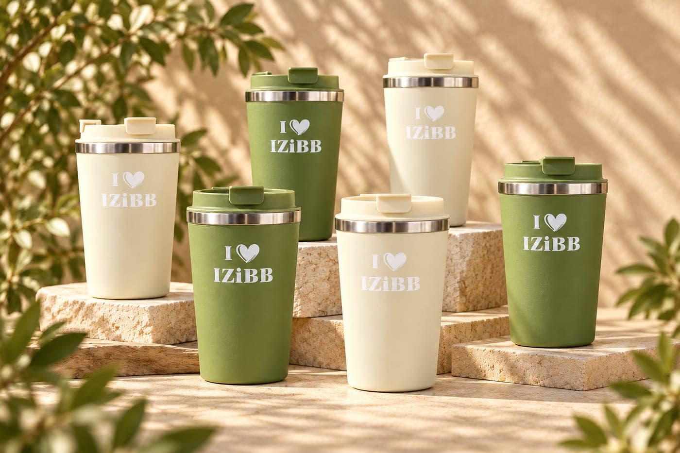 Zielone i kremowe kubki termiczne z napisem I love IZiBB