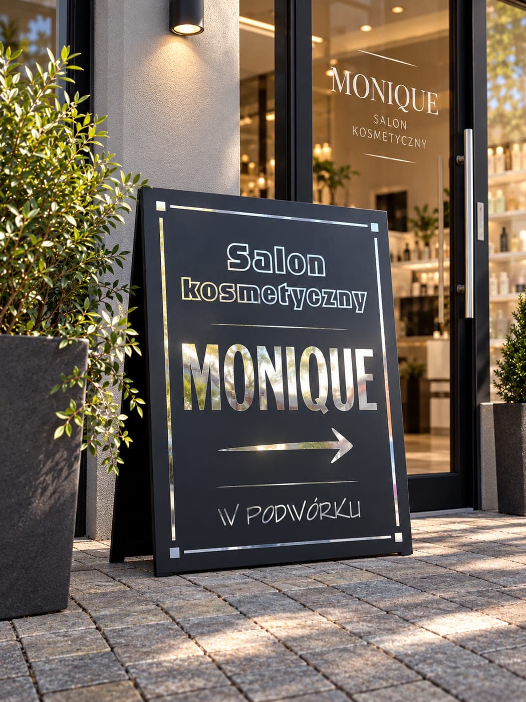 Czarny szyld Salon kosmetyczny Monique przed wejściem