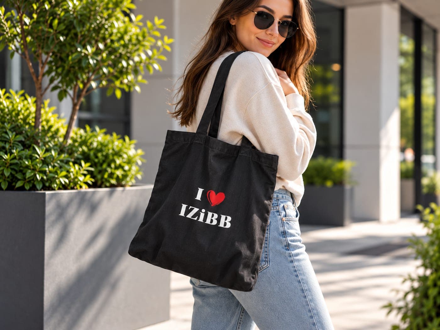 Kobieta z czarną torbą z napisem I love IZiBB