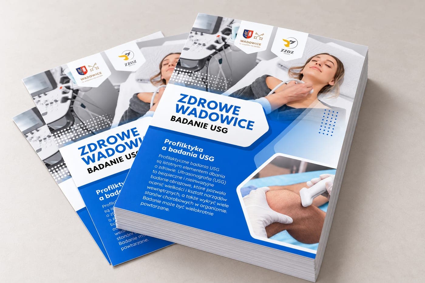 Ulotki Zdrowe Wadowice o badaniu USG ułożone w stos