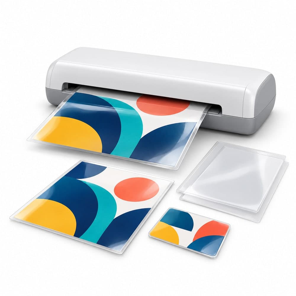 Laminator z zalaminowanymi kolorowymi wydrukami