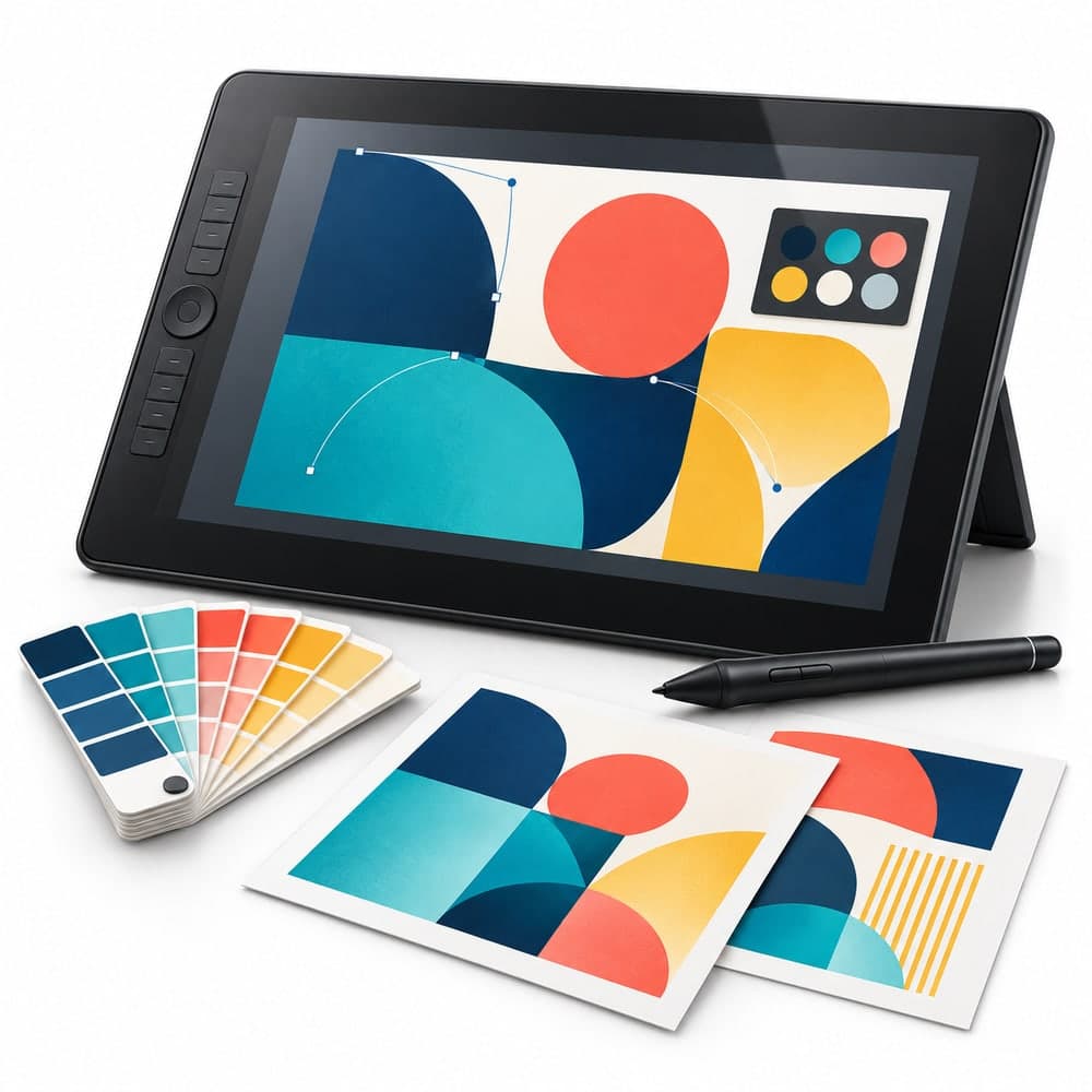 Tablet graficzny z projektem i próbnikiem kolorów