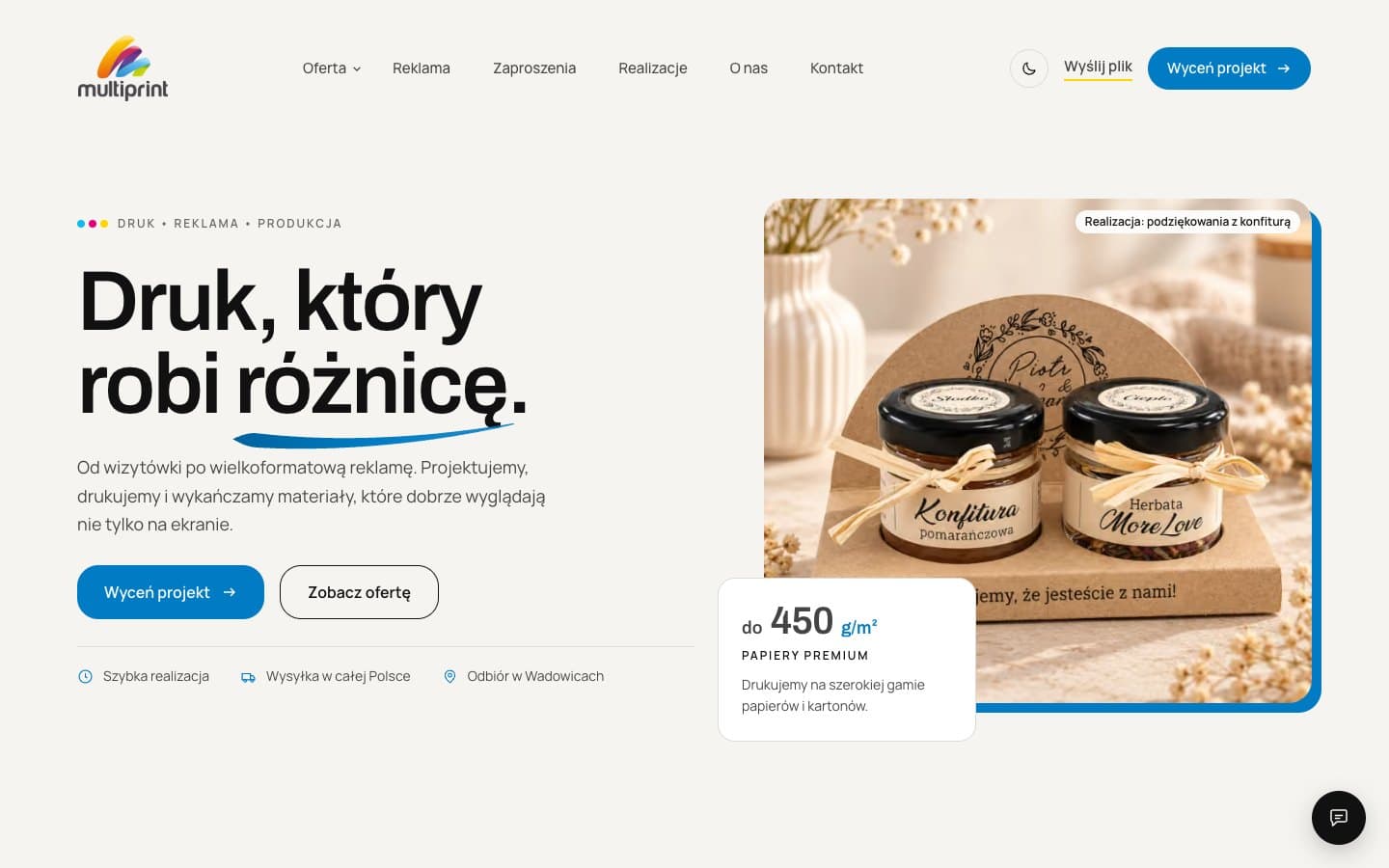 Strona internetowa drukarni Multiprint w Wadowicach, zaprojektowana i wdrożona przez YELV